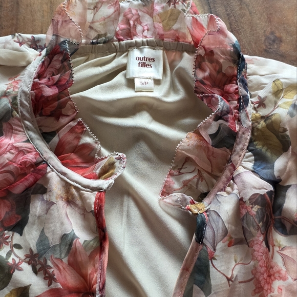 2/30$ Autres Filles Floral Chiffon Blouse Pink & Cream Ruffle Sleeves Top,Size S - Picture 8 of 12